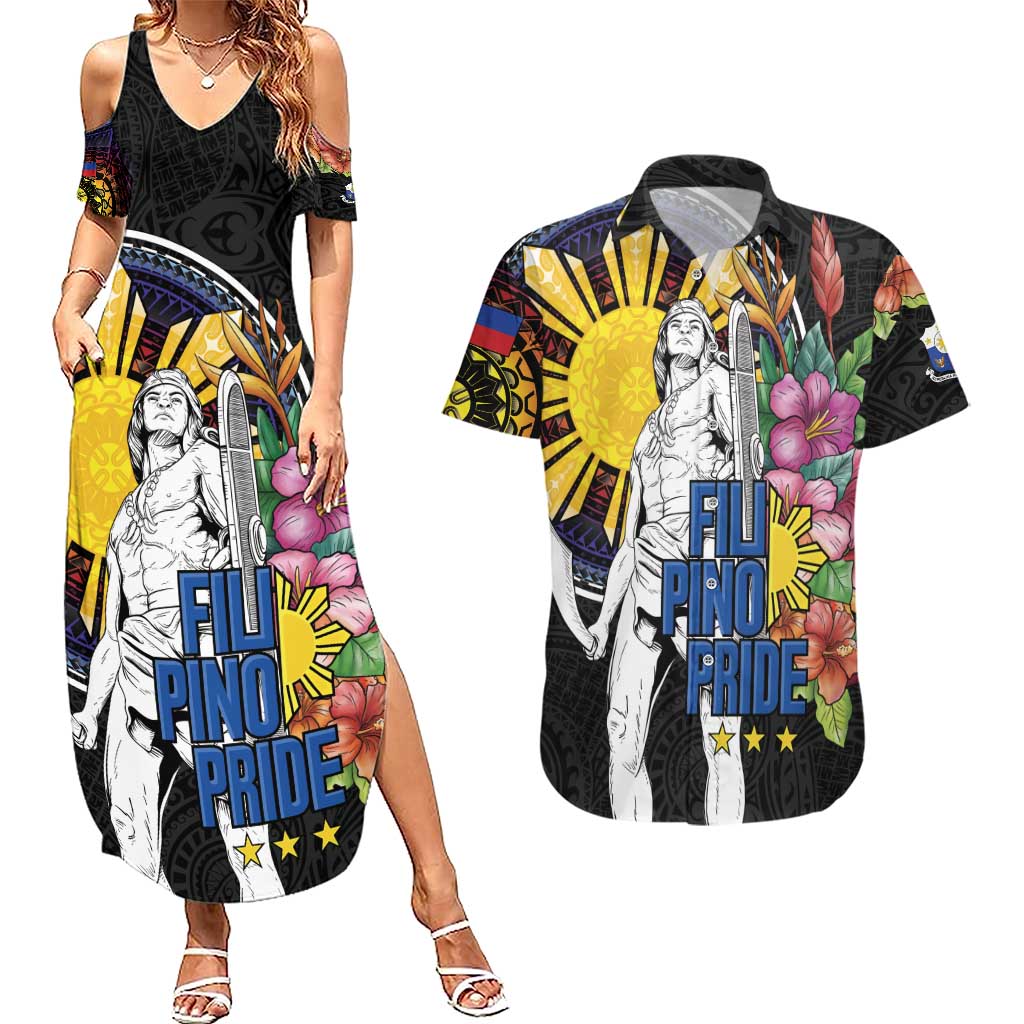 Filipinos Lapu-Lapu Hero Philippines Couples Matching Summer Maxi Dress and Hawaiian Shirt Hibiscus Flowers Style DT04 Black - Polynesian Pride
