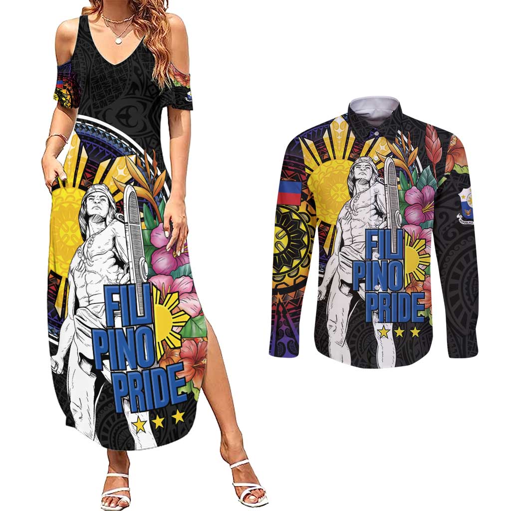 Filipinos Lapu-Lapu Hero Philippines Couples Matching Summer Maxi Dress and Long Sleeve Button Shirt Hibiscus Flowers Style