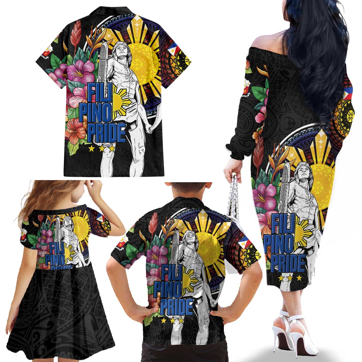 Filipinos Lapu-Lapu Hero Philippines Family Matching Off The Shoulder Long Sleeve Dress and Hawaiian Shirt Hibiscus Flowers Style