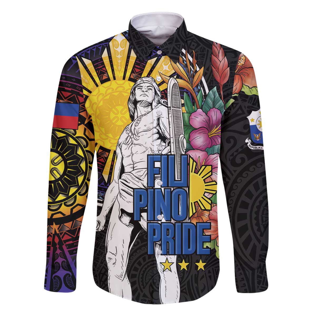 Filipinos Lapu-Lapu Hero Philippines Family Matching Off The Shoulder Long Sleeve Dress and Hawaiian Shirt Hibiscus Flowers Style