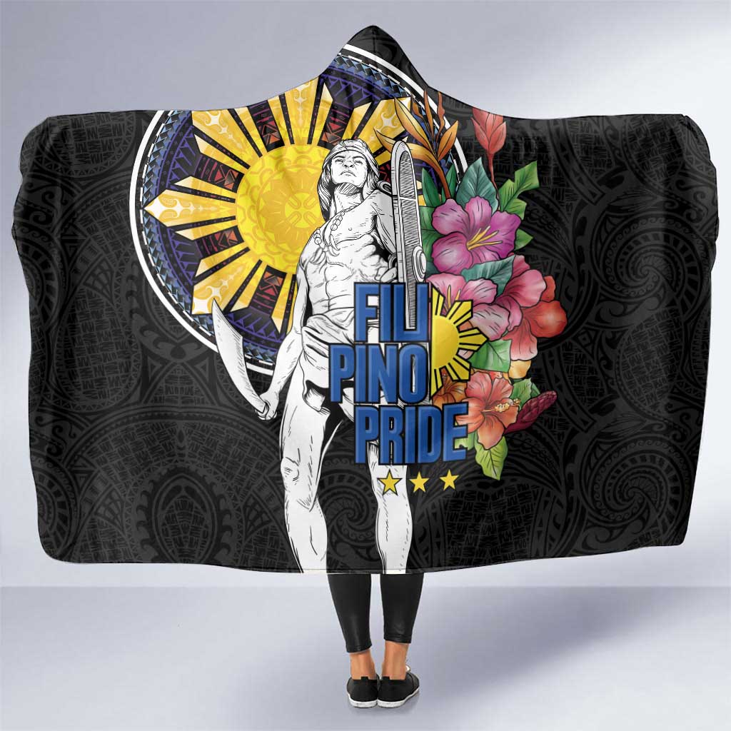 Filipinos Lapu-Lapu Hero Philippines Hooded Blanket Hibiscus Flowers Style DT04 One Size Black - Polynesian Pride