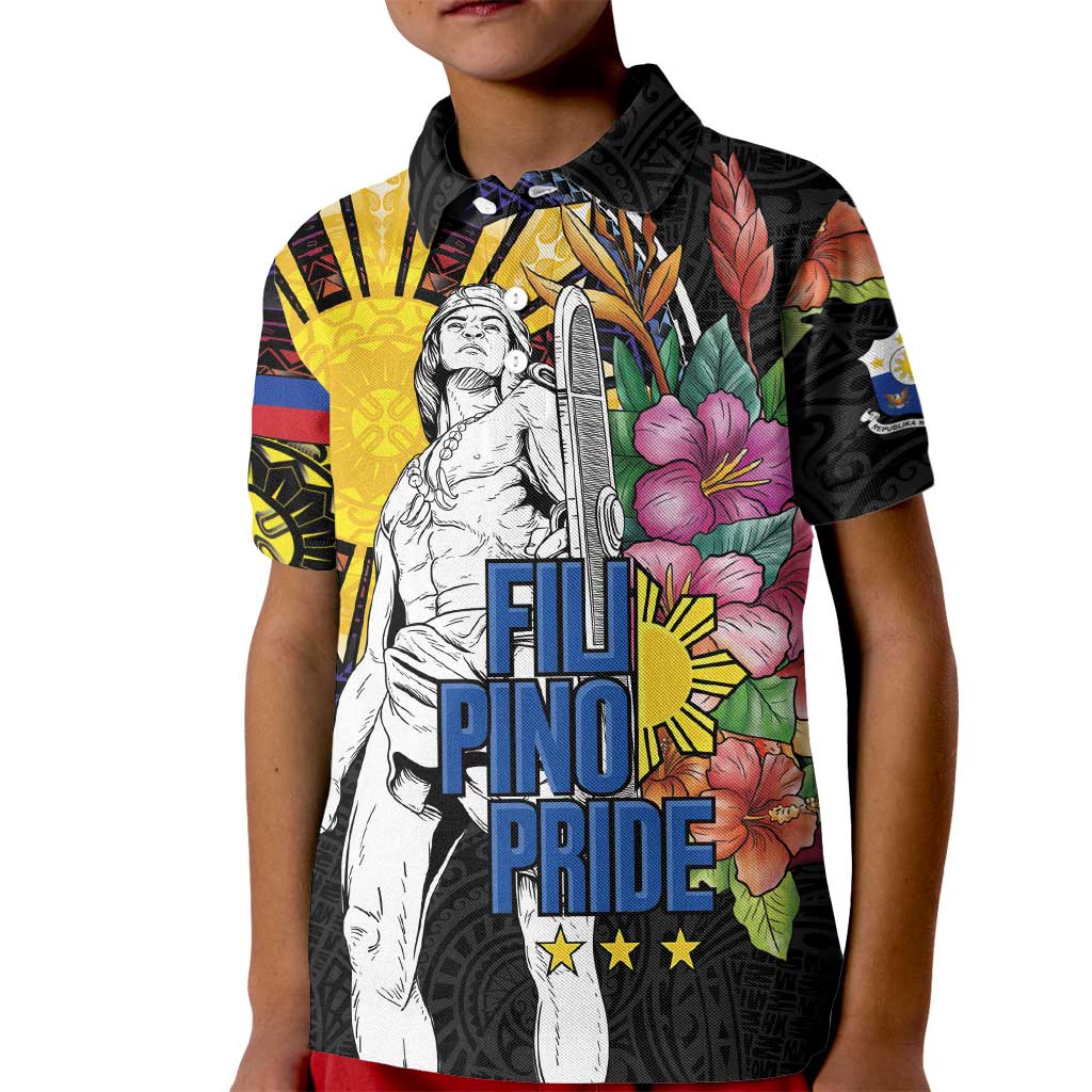 Filipinos Lapu-Lapu Hero Philippines Kid Polo Shirt Hibiscus Flowers Style DT04 Kid Black - Polynesian Pride