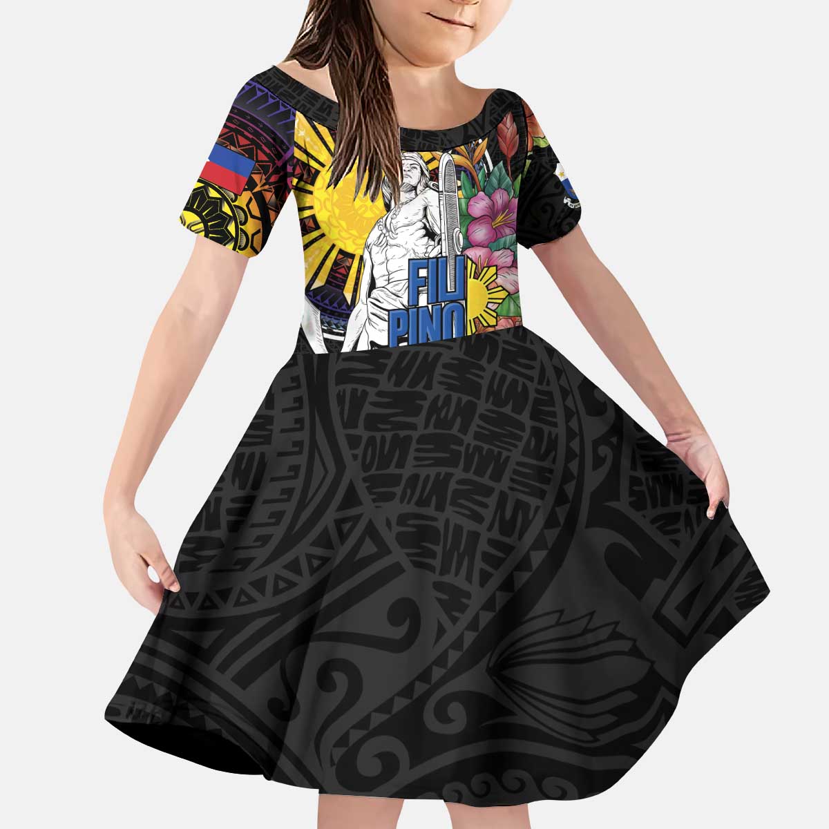 Filipinos Lapu-Lapu Hero Philippines Kid Short Sleeve Dress Hibiscus Flowers Style