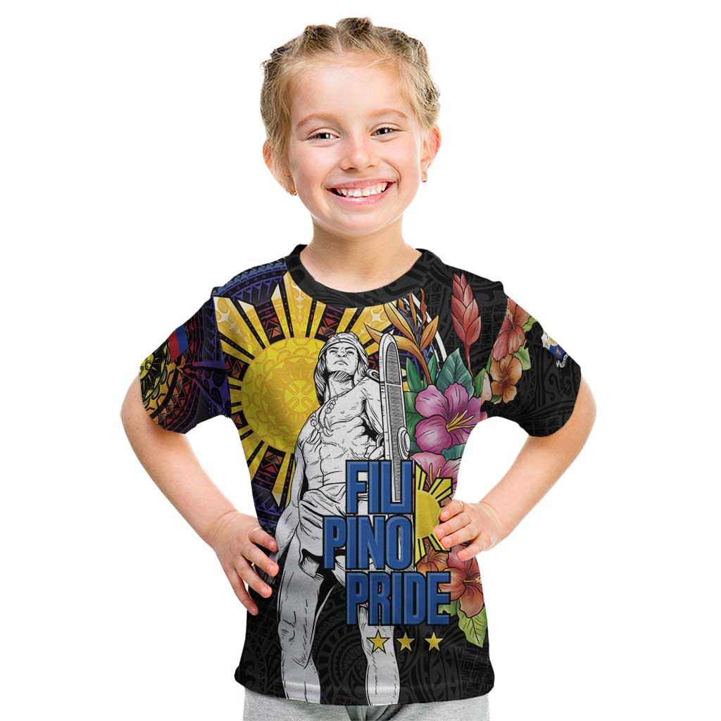 Filipinos Lapu-Lapu Hero Philippines Kid T Shirt Hibiscus Flowers Style DT04 Black - Polynesian Pride