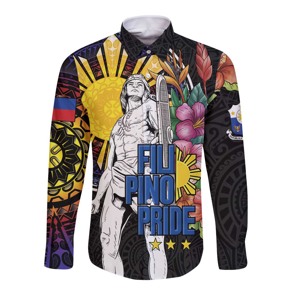 Filipinos Lapu-Lapu Hero Philippines Long Sleeve Button Shirt Hibiscus Flowers Style DT04 Unisex Black - Polynesian Pride