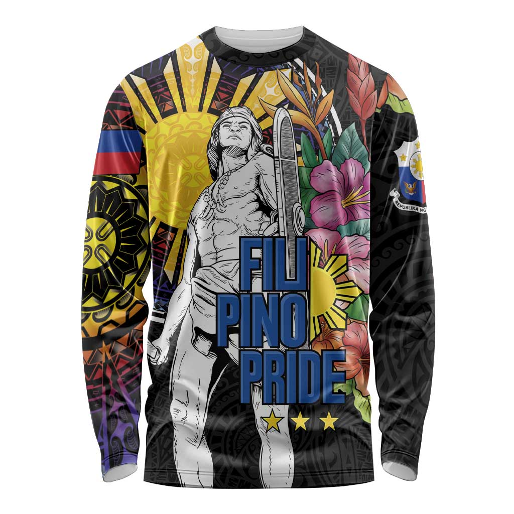 Filipinos Lapu-Lapu Hero Philippines Long Sleeve Shirt Hibiscus Flowers Style DT04 Unisex Black - Polynesian Pride