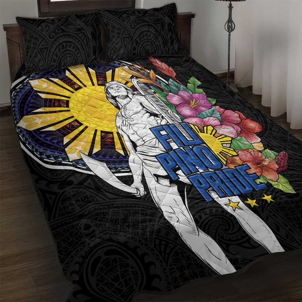 Filipinos Lapu-Lapu Hero Philippines Quilt Bed Set Hibiscus Flowers Style DT04 Black - Polynesian Pride