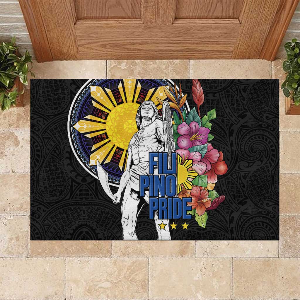 Filipinos Lapu-Lapu Hero Philippines Rubber Doormat Hibiscus Flowers Style DT04 Black - Polynesian Pride