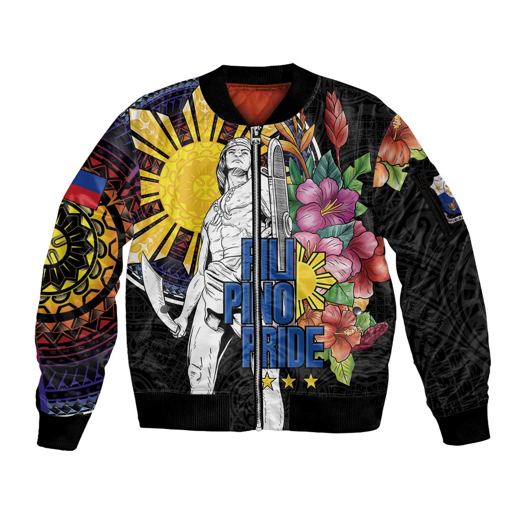 Filipinos Lapu-Lapu Hero Philippines Sleeve Zip Bomber Jacket Hibiscus Flowers Style DT04 Unisex Black - Polynesian Pride