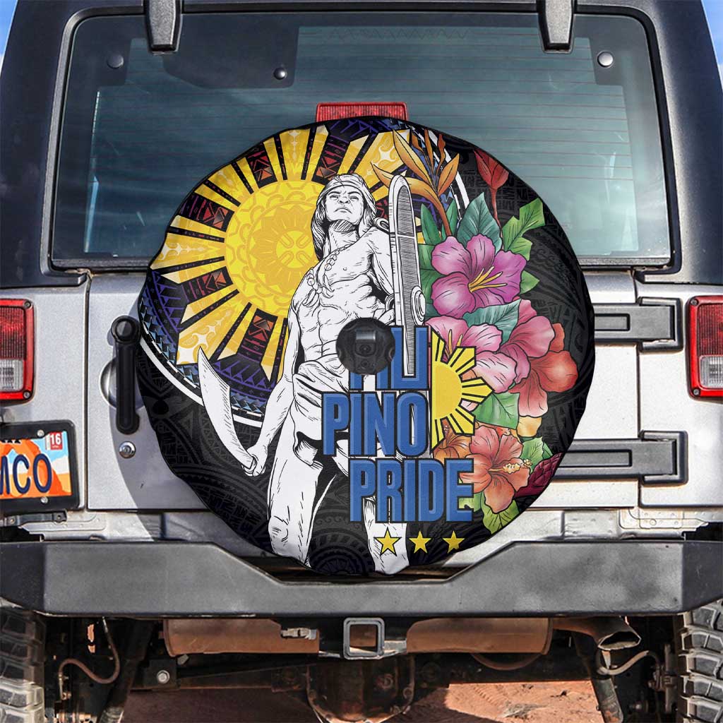 Filipinos Lapu-Lapu Hero Philippines Spare Tire Cover Hibiscus Flowers Style DT04 Black - Polynesian Pride