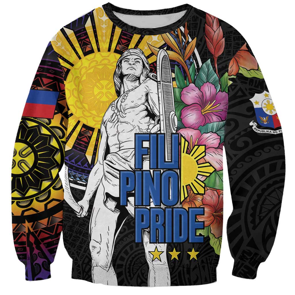 Filipinos Lapu-Lapu Hero Philippines Sweatshirt Hibiscus Flowers Style DT04 Unisex Black - Polynesian Pride