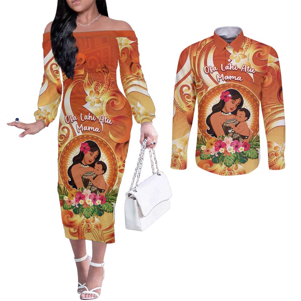 Personalised Tonga Mother's Day Couples Matching Off The Shoulder Long Sleeve Dress and Long Sleeve Button Shirt I Love You Mom DT04 Orange - Polynesian Pride