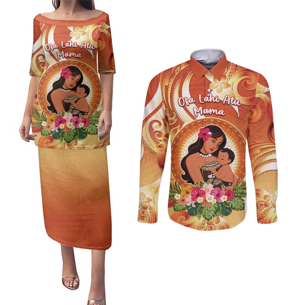 Personalised Tonga Mother's Day Couples Matching Puletasi and Long Sleeve Button Shirt I Love You Mom DT04 Orange - Polynesian Pride