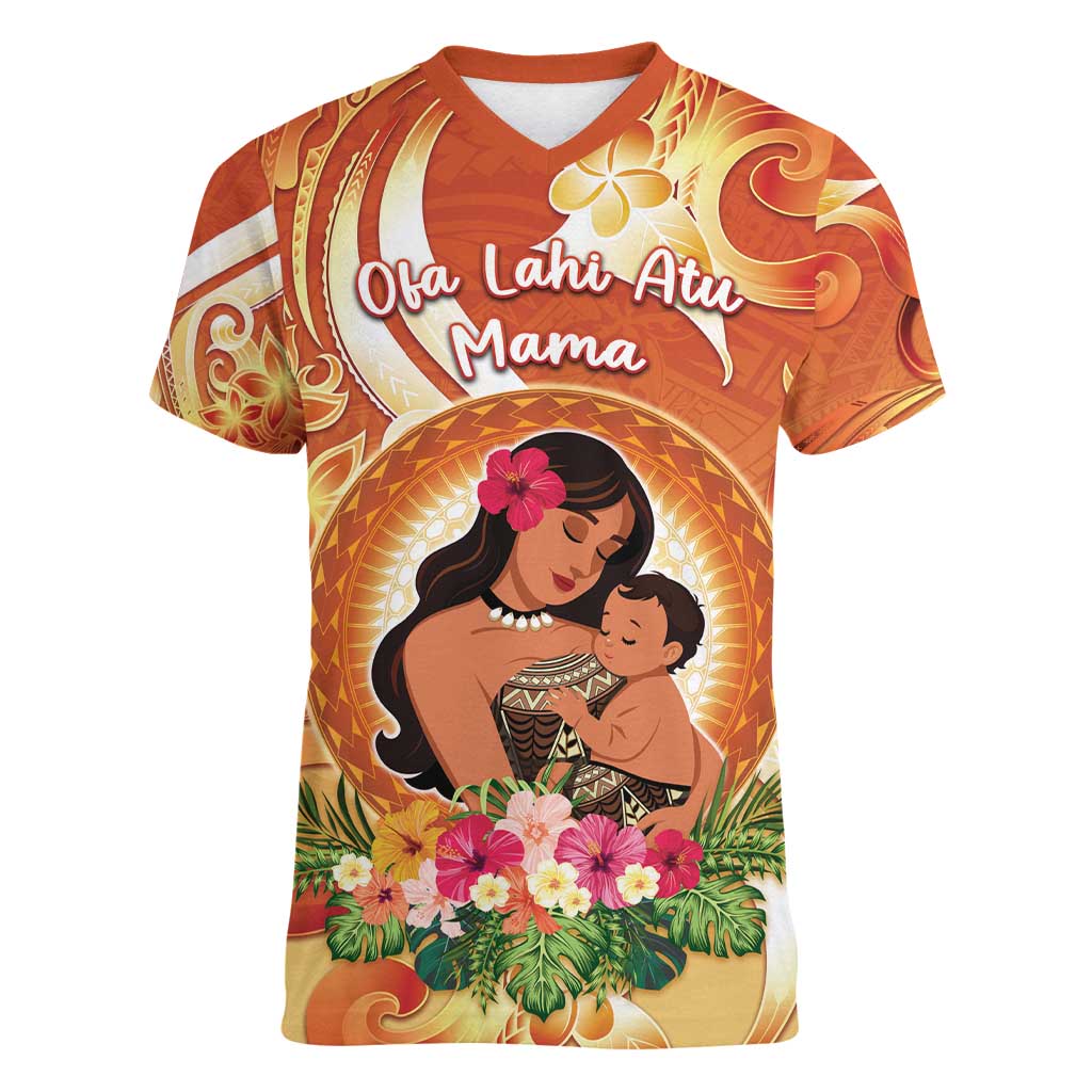 Personalised Tonga Mother's Day Women V-Neck T-Shirt I Love You Mom DT04 Female Orange - Polynesian Pride