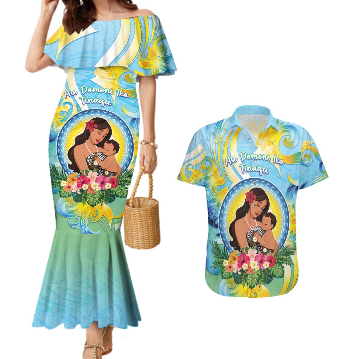 Personalised Fiji Mother's Day Couples Matching Mermaid Dress and Hawaiian Shirt I Love You Mom