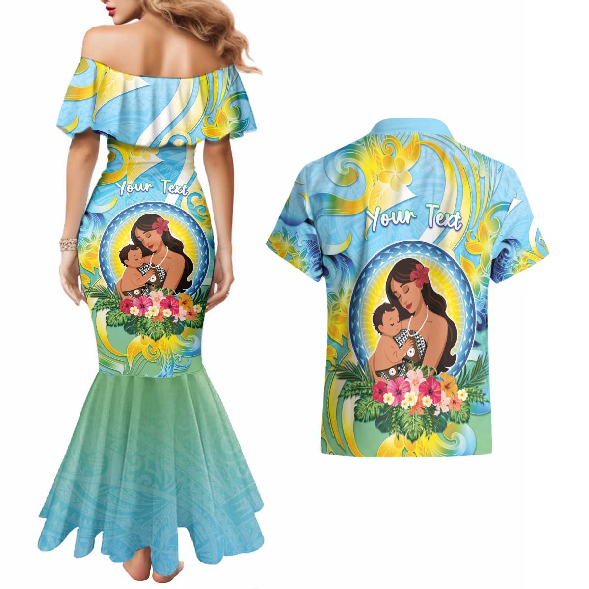 Personalised Fiji Mother's Day Couples Matching Mermaid Dress and Hawaiian Shirt I Love You Mom