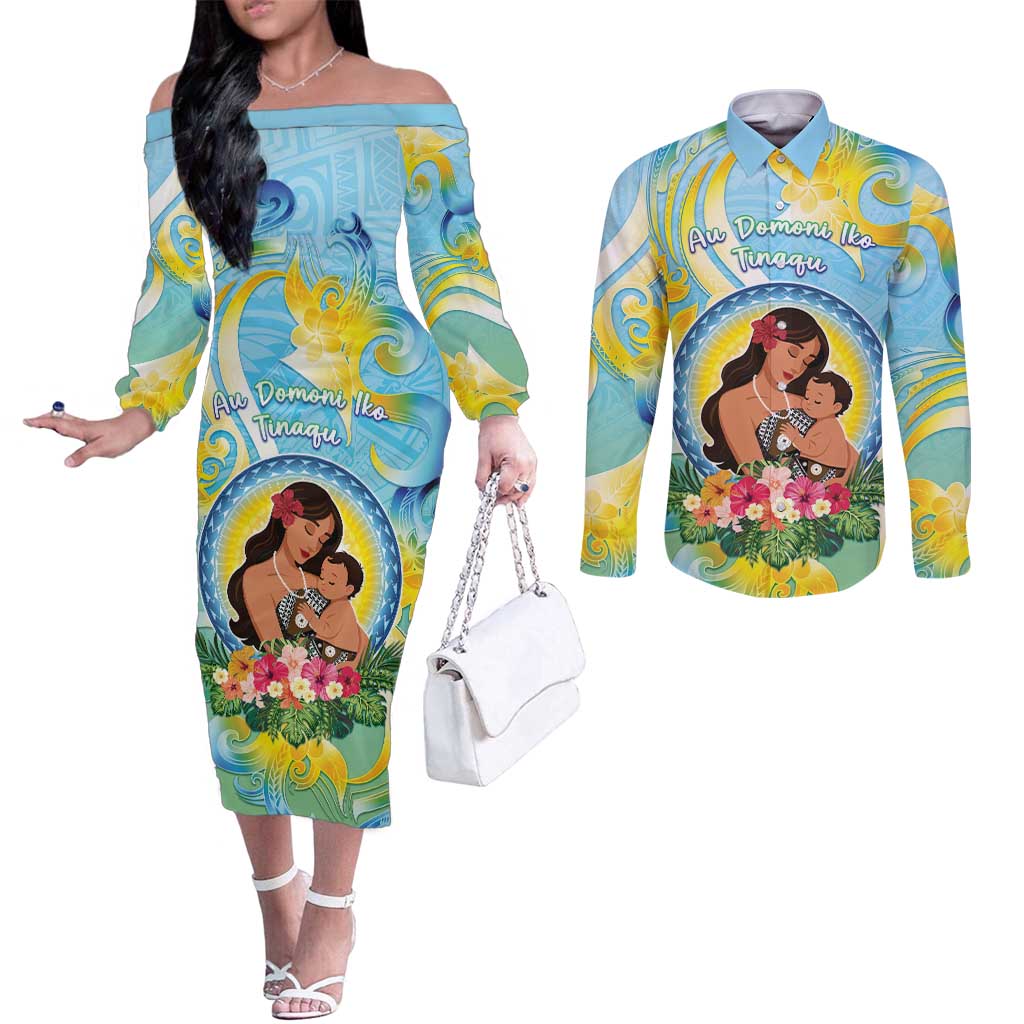 Personalised Fiji Mother's Day Couples Matching Off The Shoulder Long Sleeve Dress and Long Sleeve Button Shirt I Love You Mom