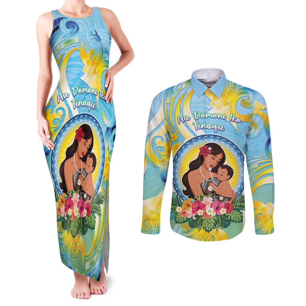 Personalised Fiji Mother's Day Couples Matching Tank Maxi Dress and Long Sleeve Button Shirt I Love You Mom