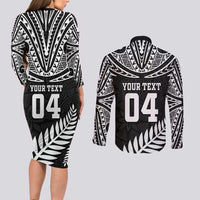 Custom New Zealand Rugby Couples Matching Long Sleeve Bodycon Dress and Long Sleeve Button Shirt Silver Fern Maori Pattern