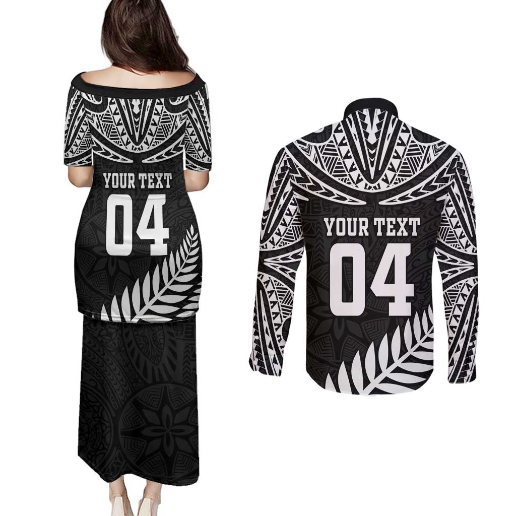 Custom New Zealand Rugby Couples Matching Puletasi and Long Sleeve Button Shirt Silver Fern Maori Pattern