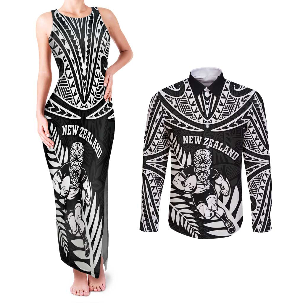 Custom New Zealand Rugby Couples Matching Tank Maxi Dress and Long Sleeve Button Shirt Silver Fern Maori Pattern