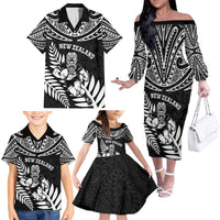 Custom New Zealand Rugby Family Matching Off The Shoulder Long Sleeve Dress and Hawaiian Shirt Silver Fern Maori Pattern