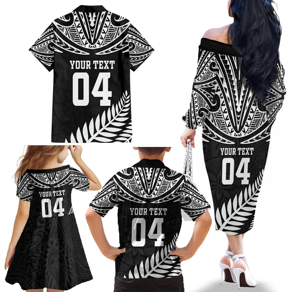 Custom New Zealand Rugby Family Matching Off The Shoulder Long Sleeve Dress and Hawaiian Shirt Silver Fern Maori Pattern
