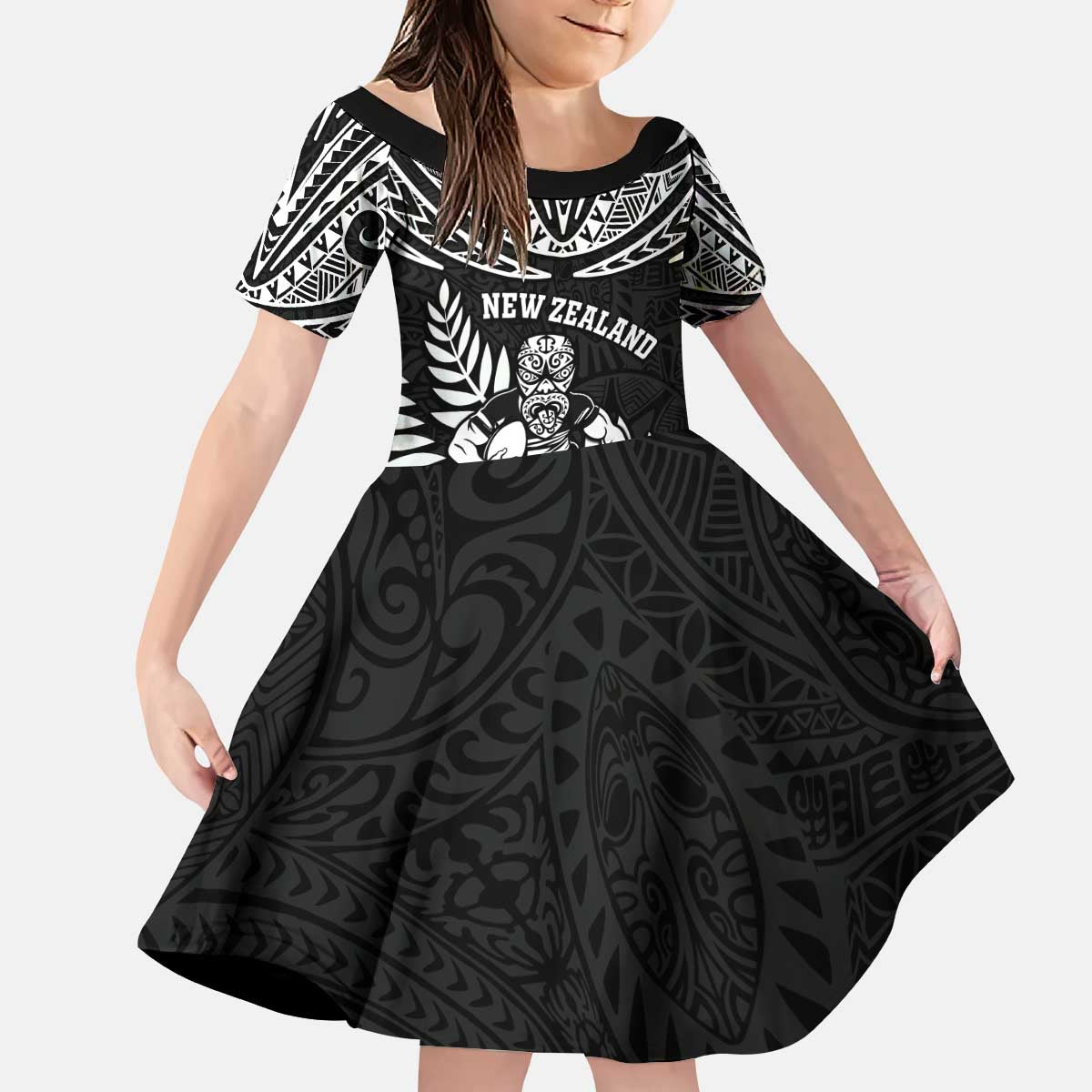 Custom New Zealand Rugby Kid Short Sleeve Dress Silver Fern Maori Pattern