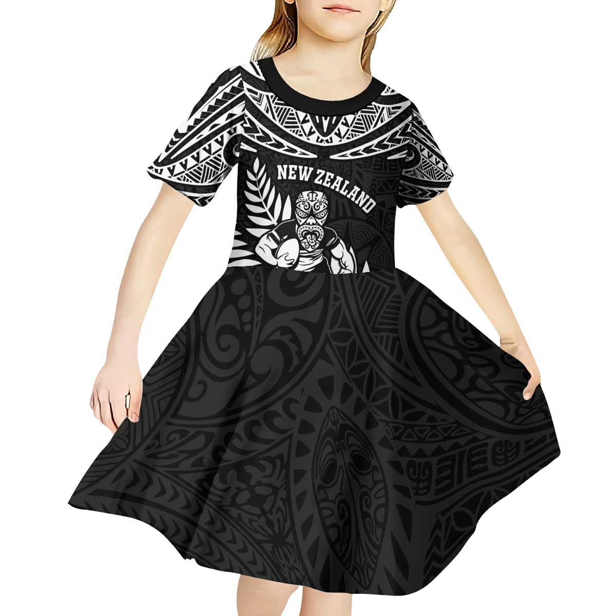 Custom New Zealand Rugby Kid Short Sleeve Dress Silver Fern Maori Pattern