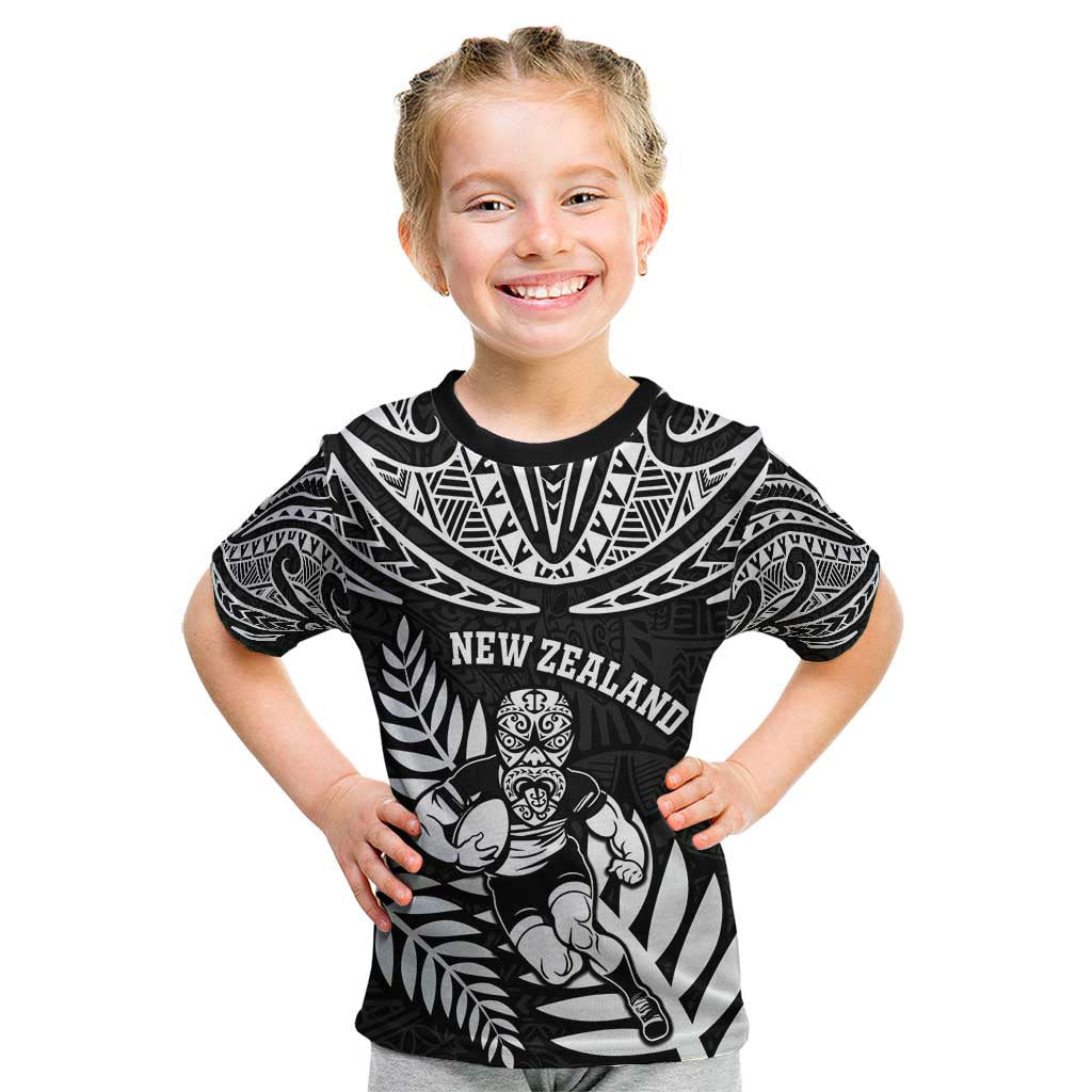 Custom New Zealand Rugby Kid T Shirt Silver Fern Maori Pattern