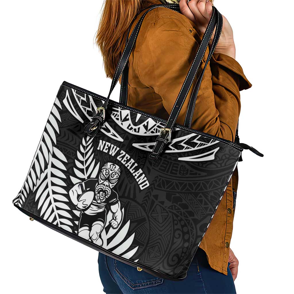New Zealand Rugby Leather Tote Bag Silver Fern Maori Pattern