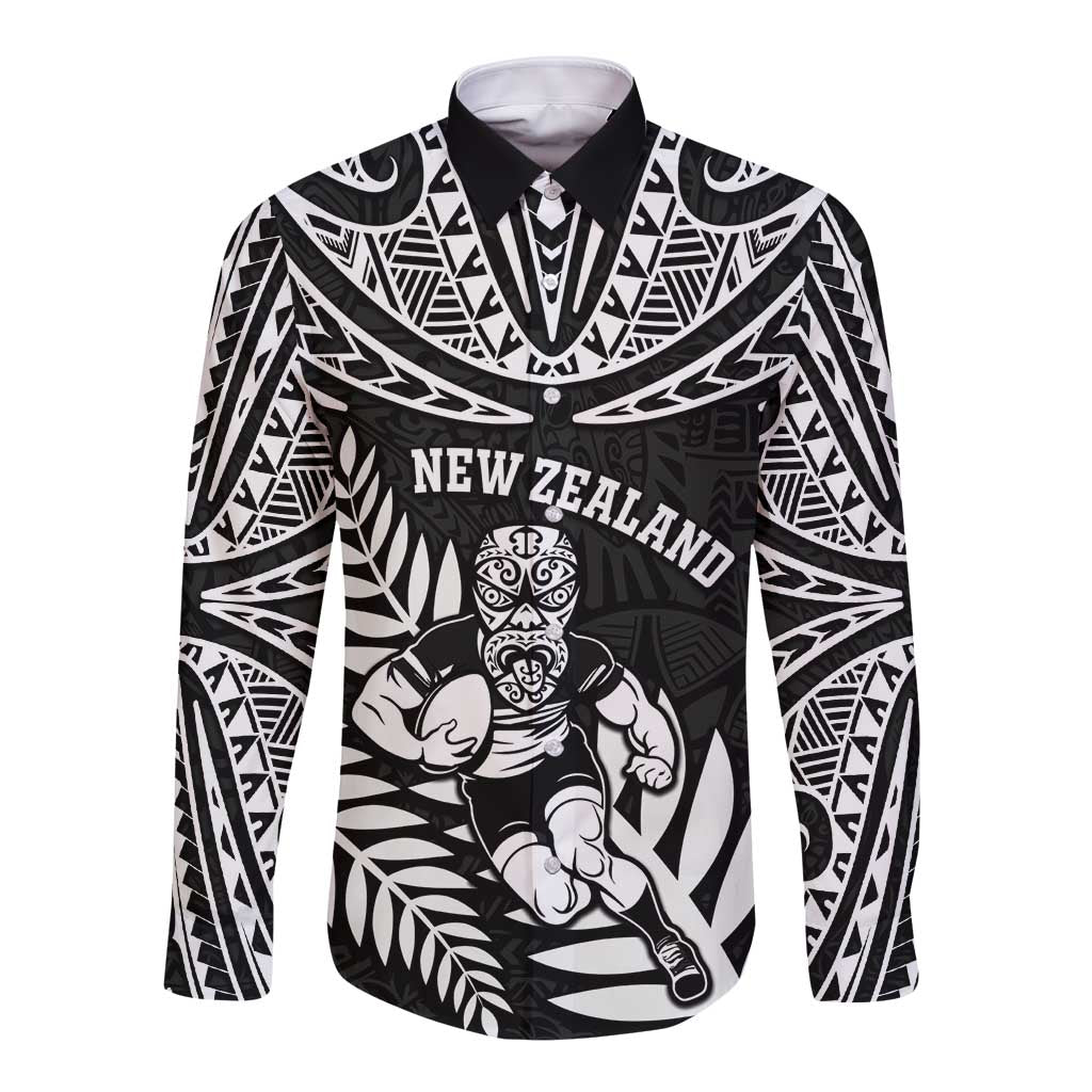 Custom New Zealand Rugby Long Sleeve Button Shirt Silver Fern Maori Pattern DT04 Unisex Black - Polynesian Pride
