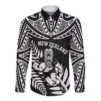 Custom New Zealand Rugby Long Sleeve Button Shirt Silver Fern Maori Pattern DT04 Unisex Black - Polynesian Pride