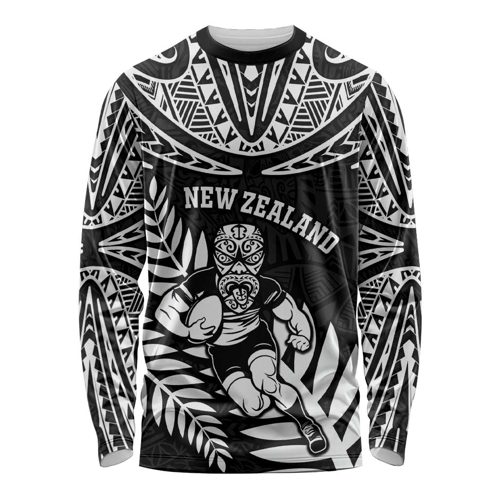 Custom New Zealand Rugby Long Sleeve Shirt Silver Fern Maori Pattern DT04 Unisex Black - Polynesian Pride