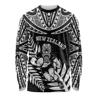 Custom New Zealand Rugby Long Sleeve Shirt Silver Fern Maori Pattern DT04 Unisex Black - Polynesian Pride
