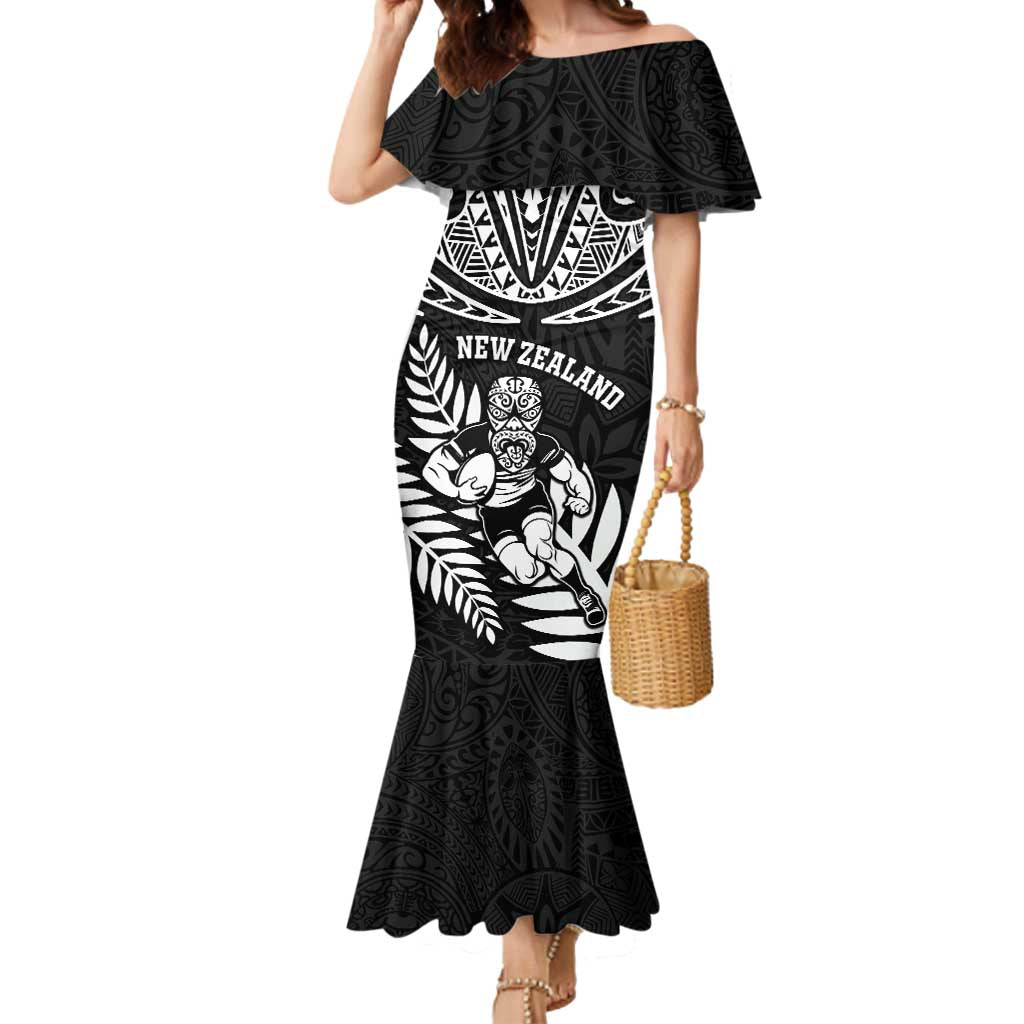 Custom New Zealand Rugby Mermaid Dress Silver Fern Maori Pattern DT04 Women Black - Polynesian Pride