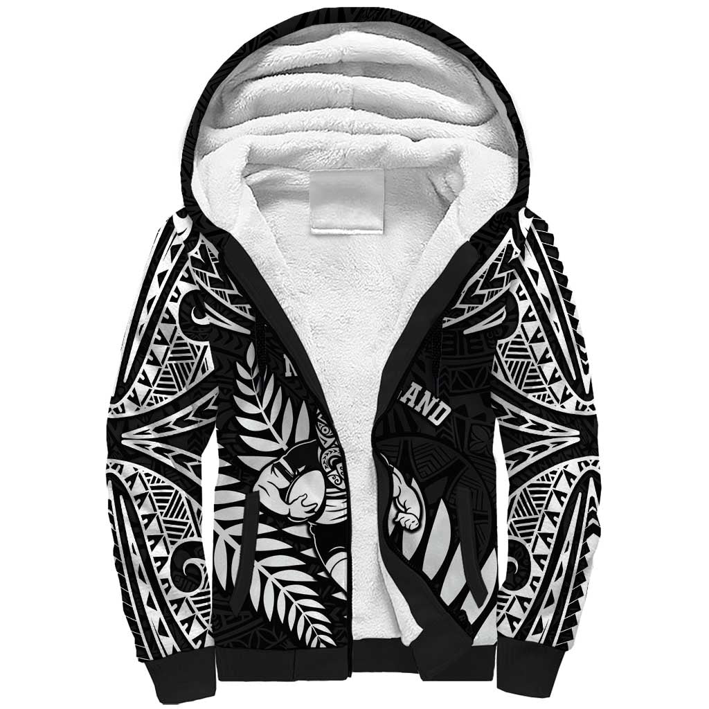 Custom New Zealand Rugby Sherpa Hoodie Silver Fern Maori Pattern DT04 Unisex Black - Polynesian Pride