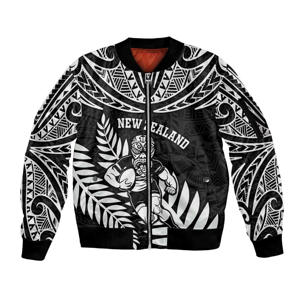 Custom New Zealand Rugby Sleeve Zip Bomber Jacket Silver Fern Maori Pattern DT04 Unisex Black - Polynesian Pride