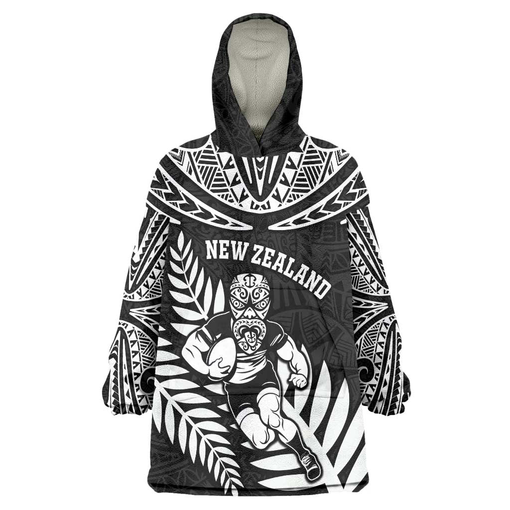 Custom New Zealand Rugby Wearable Blanket Hoodie Silver Fern Maori Pattern DT04 One Size Black - Polynesian Pride
