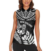 Custom New Zealand Rugby Women Sleeveless Polo Shirt Silver Fern Maori Pattern