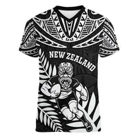 Custom New Zealand Rugby Women V-Neck T-Shirt Silver Fern Maori Pattern