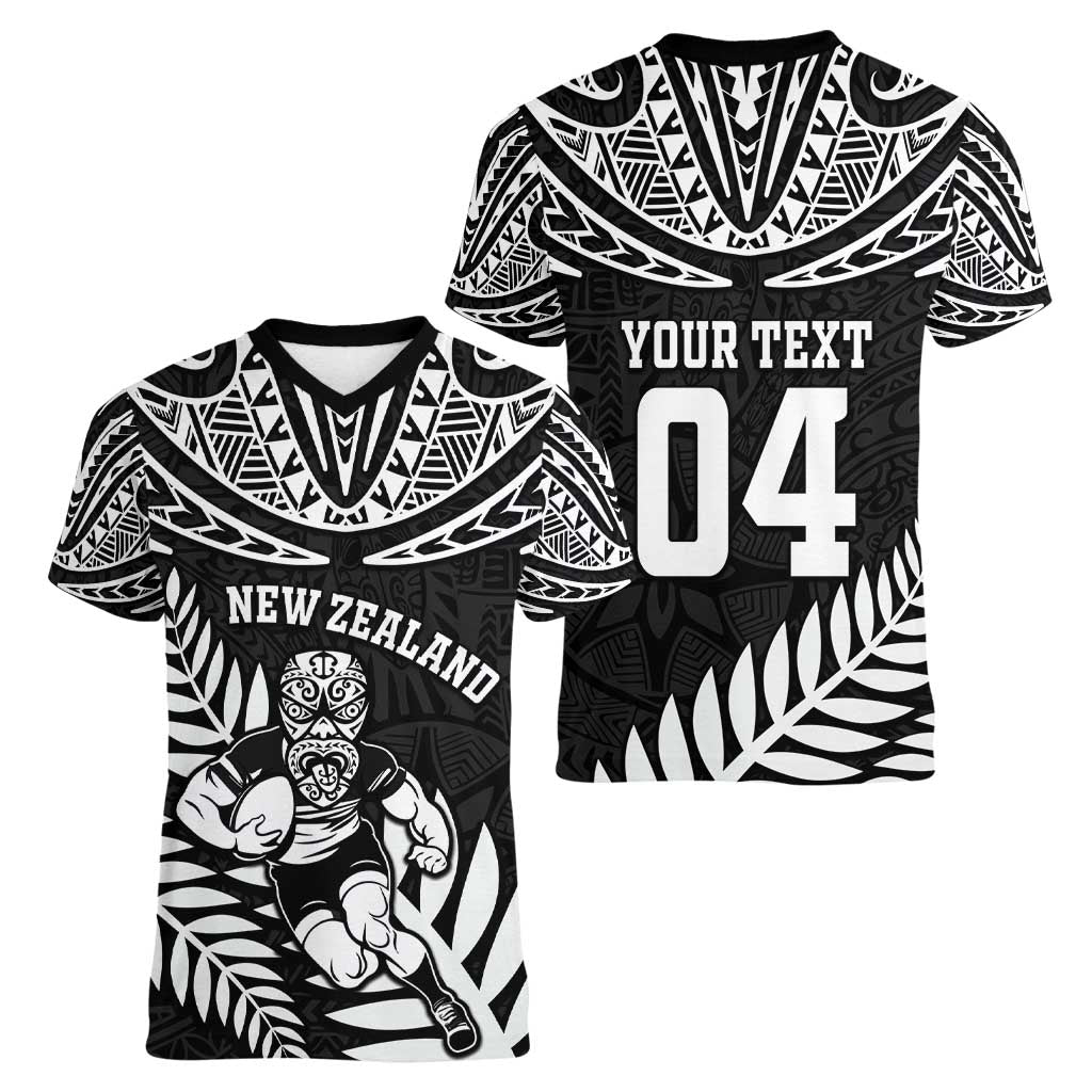 Custom New Zealand Rugby Women V-Neck T-Shirt Silver Fern Maori Pattern
