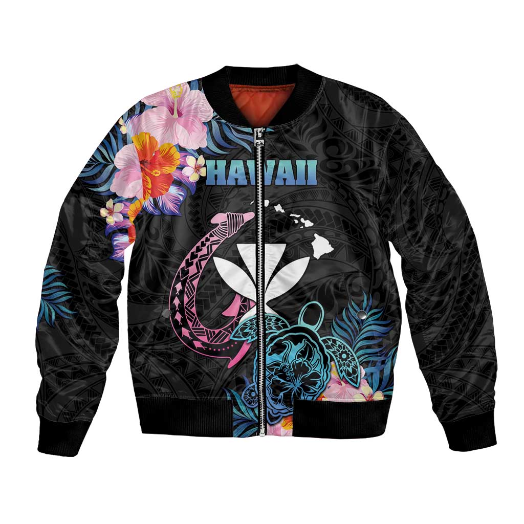 Personalised Hawaii Bomber Jacket Kanaka Maoli With Fish Hook DT04 Unisex Black - Polynesian Pride