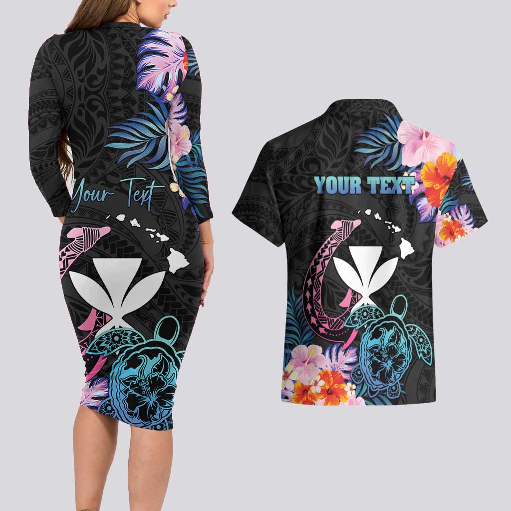 Personalised Hawaii Couples Matching Long Sleeve Bodycon Dress and Hawaiian Shirt Kanaka Maoli With Fish Hook