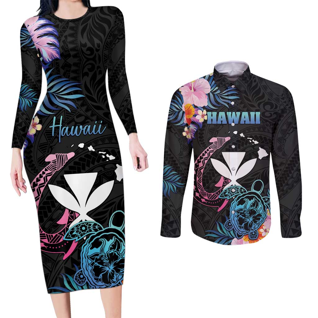 Personalised Hawaii Couples Matching Long Sleeve Bodycon Dress and Long Sleeve Button Shirt Kanaka Maoli With Fish Hook