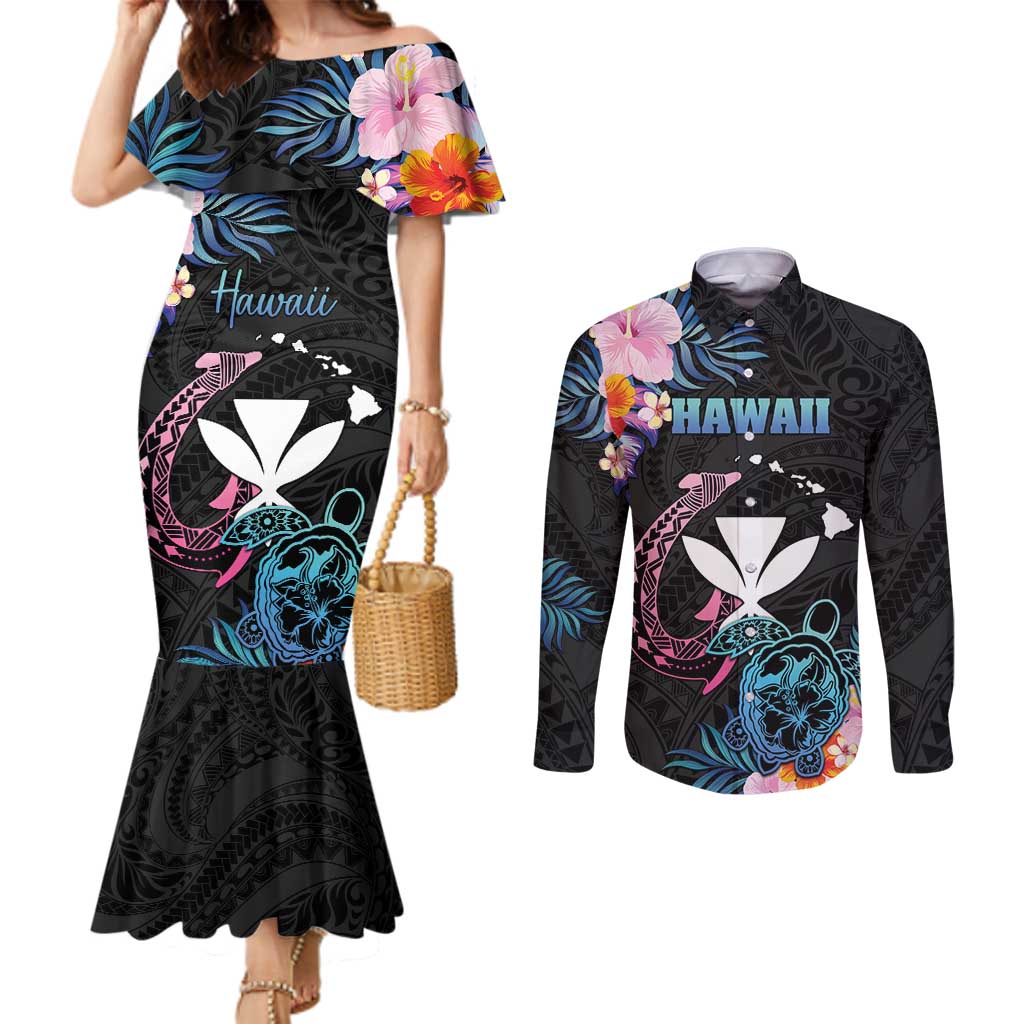 Personalised Hawaii Couples Matching Mermaid Dress and Long Sleeve Button Shirt Kanaka Maoli With Fish Hook DT04 Black - Polynesian Pride