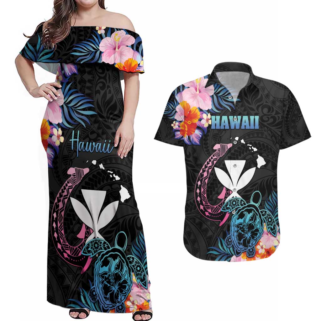 Personalised Hawaii Couples Matching Off Shoulder Maxi Dress and Hawaiian Shirt Kanaka Maoli With Fish Hook DT04 Black - Polynesian Pride