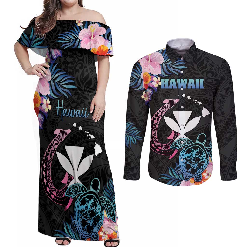 Personalised Hawaii Couples Matching Off Shoulder Maxi Dress and Long Sleeve Button Shirt Kanaka Maoli With Fish Hook DT04 Black - Polynesian Pride