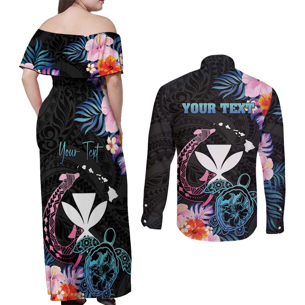 Personalised Hawaii Couples Matching Off Shoulder Maxi Dress and Long Sleeve Button Shirt Kanaka Maoli With Fish Hook