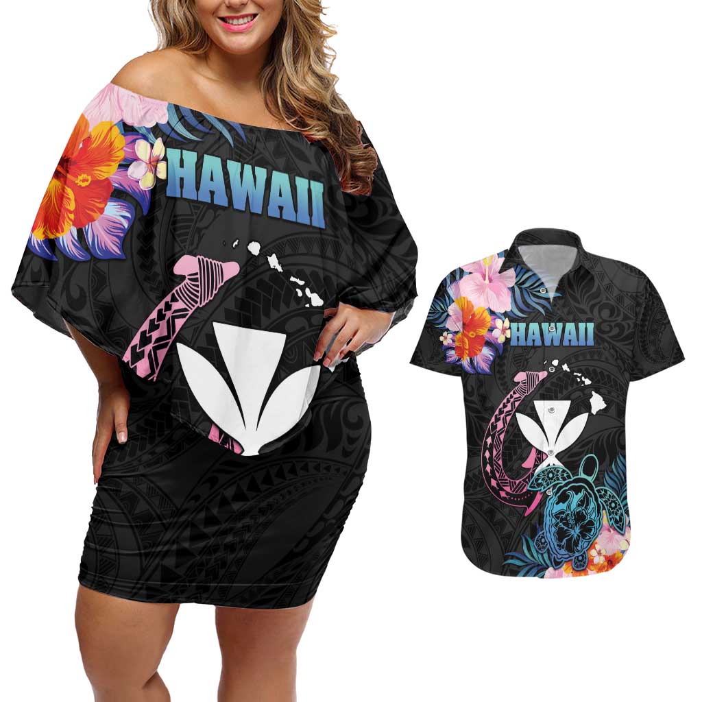 Personalised Hawaii Couples Matching Off Shoulder Short Dress and Hawaiian Shirt Kanaka Maoli With Fish Hook DT04 Black - Polynesian Pride